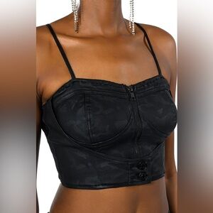 AKIRA Black Faux Leather Ranger Camo Corset Bustier Crop Top Size Small